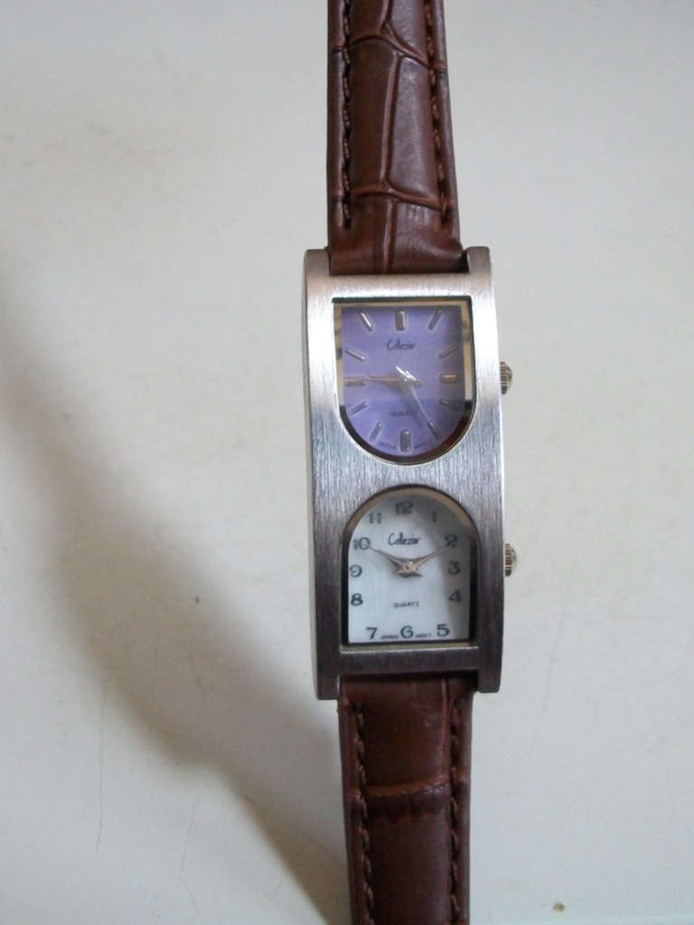 2 Time Zone Dual Time Brown Leather Band Fashion Womens